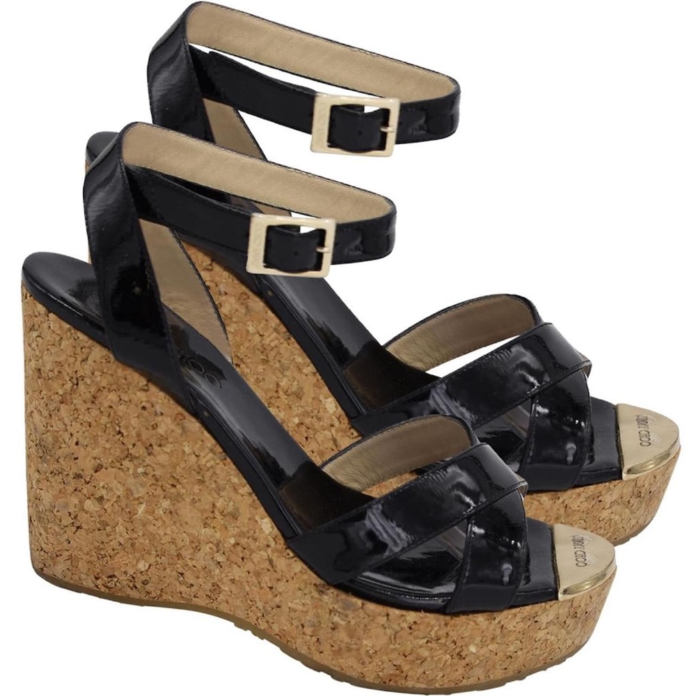 Jimmy Choo Black Patent Leather Cork Wedge Ankle Strap Sandals Size 37